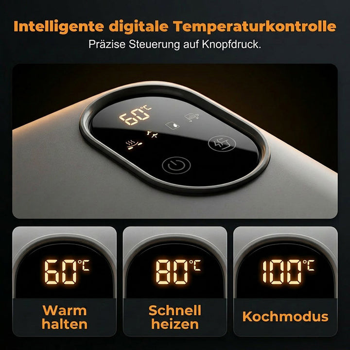 Trådløs, selvopvarmende elektrisk madkasse med indsats i rustfrit stål.