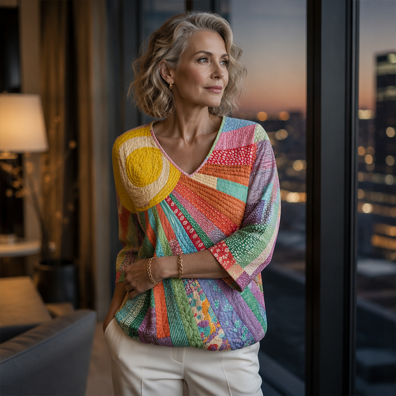 Dame-retrobluse med patchwork og V-hals
