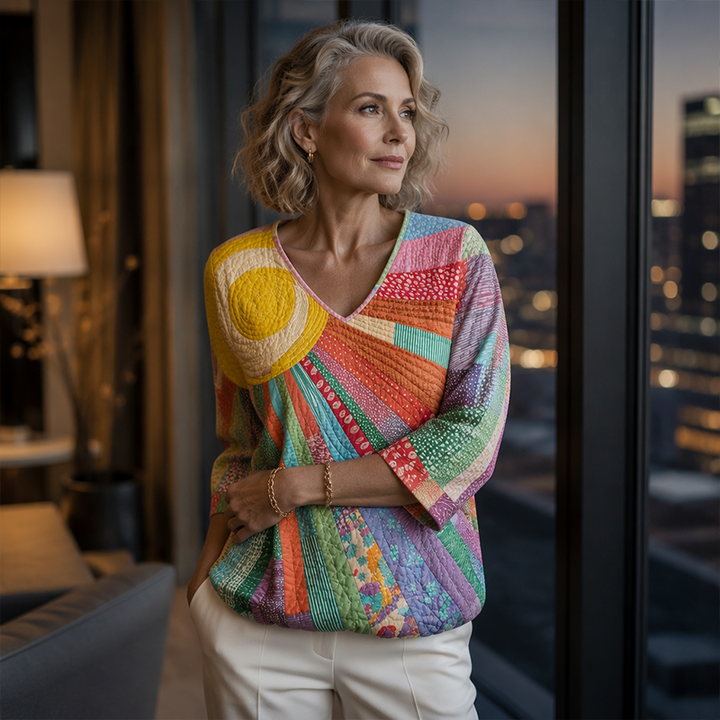 Dame-retrobluse med patchwork og V-hals