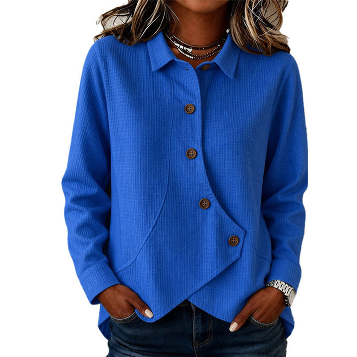 Dame-sweater med knaplukning og asymmetrisk kant forneden