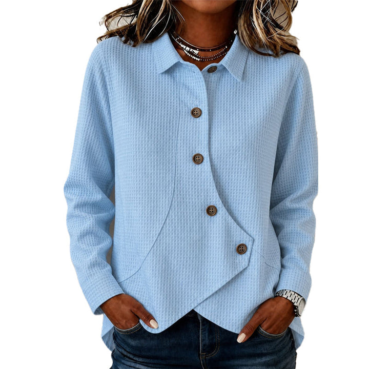 Dame-sweater med knaplukning og asymmetrisk kant forneden