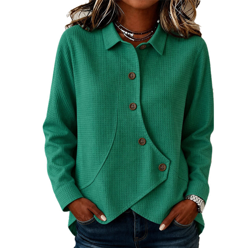 Dame-sweater med knaplukning og asymmetrisk kant forneden