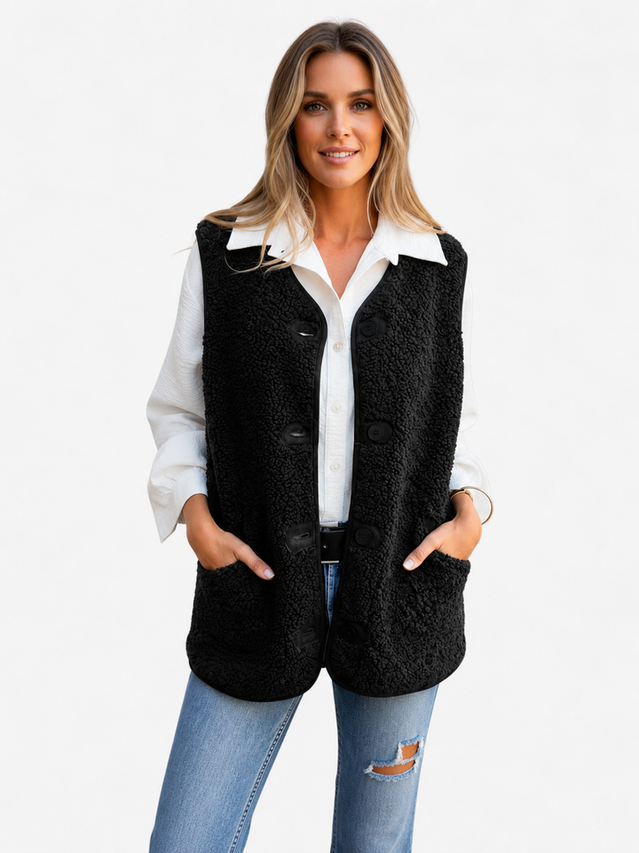Ærmeløs teddyvest med knapper til damer
