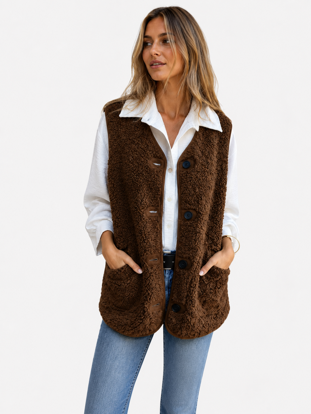 Ærmeløs teddyvest med knapper til damer