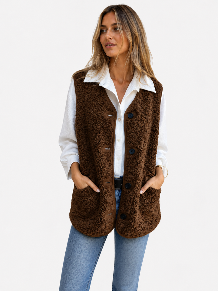 Ærmeløs teddyvest med knapper til damer