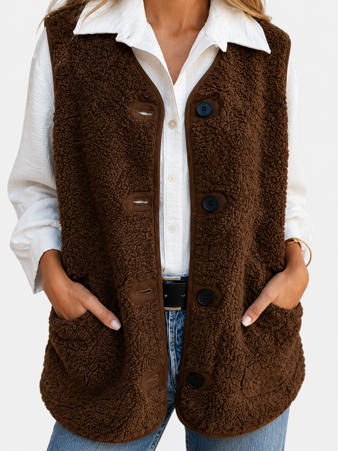 Ærmeløs teddyvest med knapper til damer