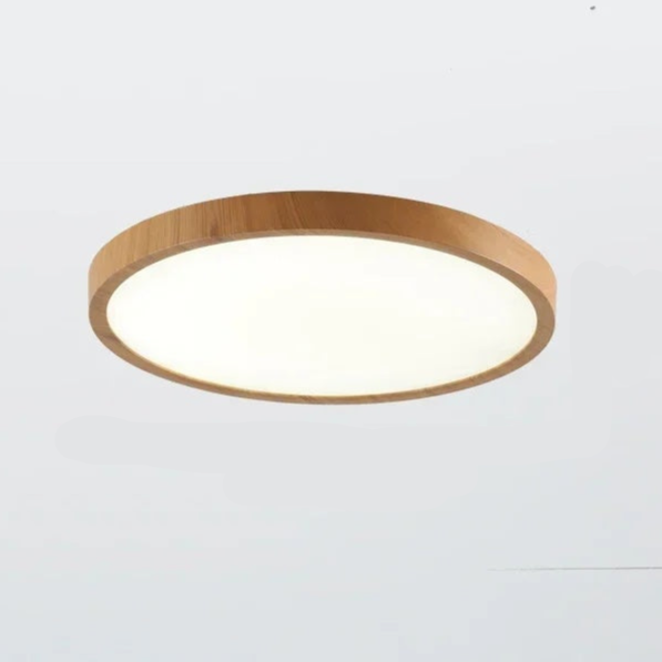 Ultratynd rund loftlampe i valnøddetræ til elegante, moderne rum