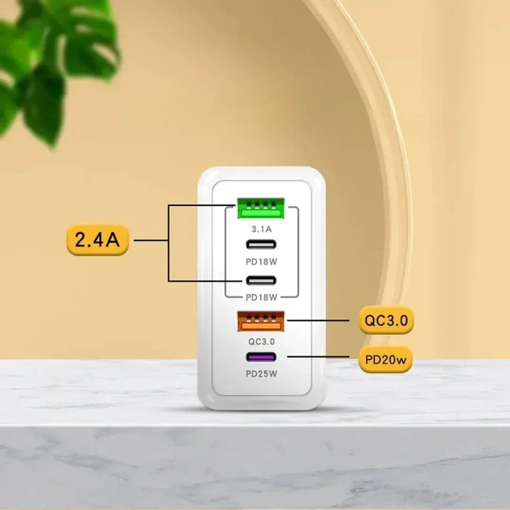 5-ports USB-vægoplader – 2× USB-A + 3× USB-C, Quick Charge 3.0