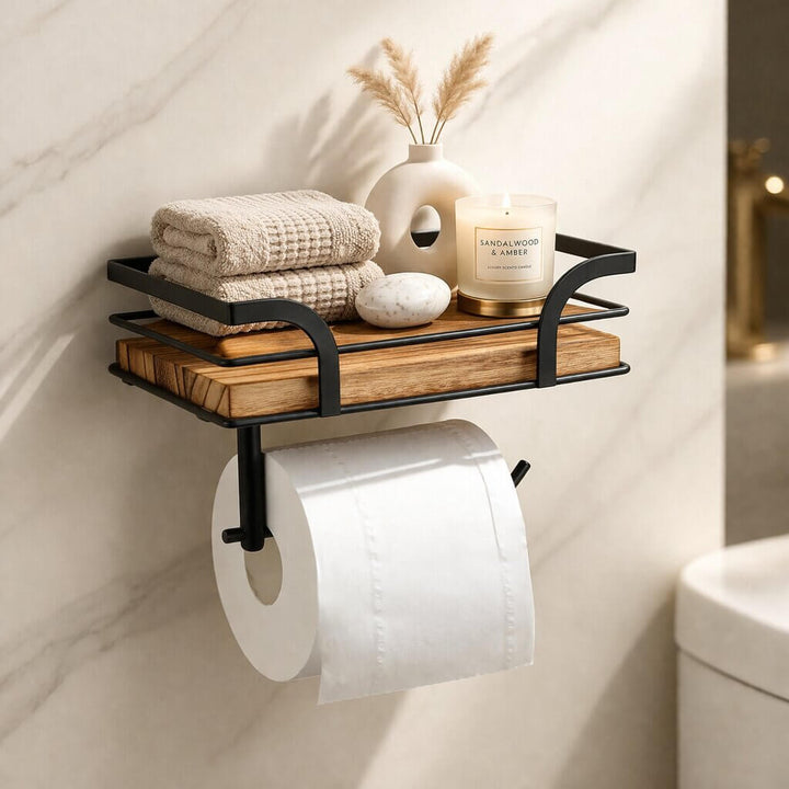 Vægmonteret toiletpapirholder med hylde til telefon og lommetørklæder