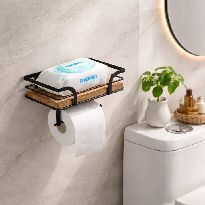 Vægmonteret toiletpapirholder med hylde til telefon og lommetørklæder