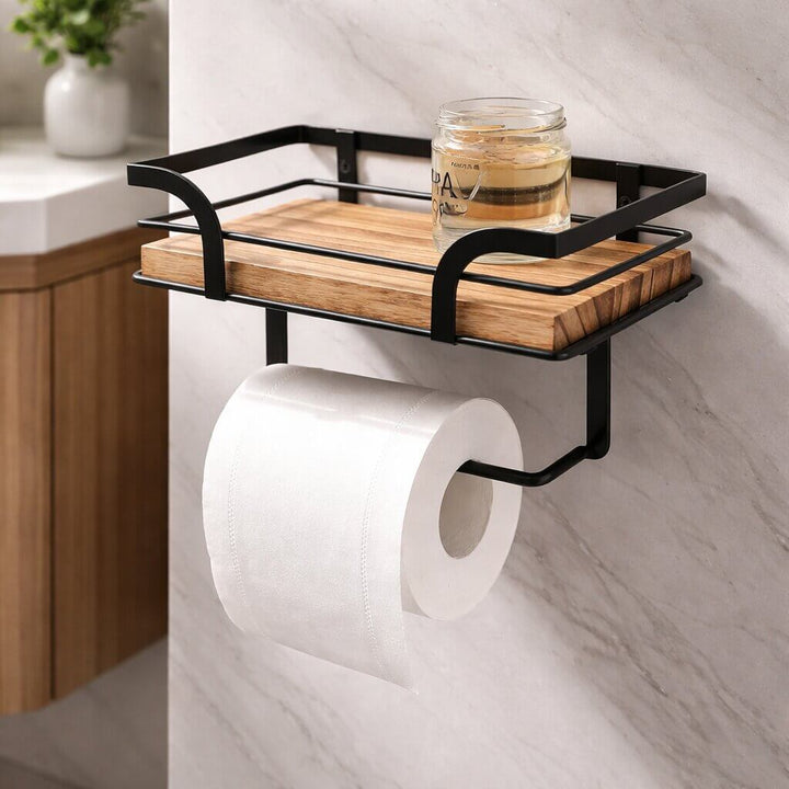Vægmonteret toiletpapirholder med hylde til telefon og lommetørklæder