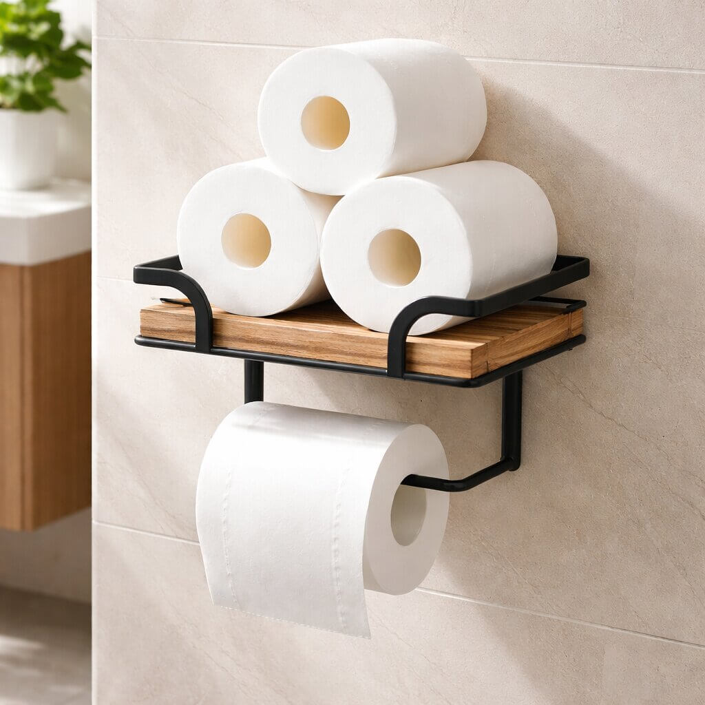 Vægmonteret toiletpapirholder med hylde til telefon og lommetørklæder