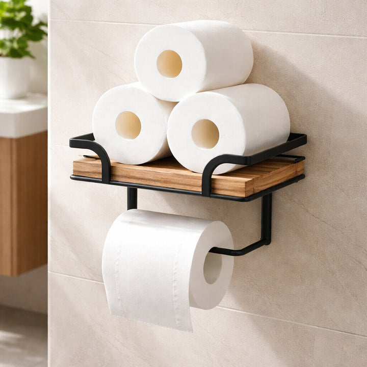 Vægmonteret toiletpapirholder med hylde til telefon og lommetørklæder