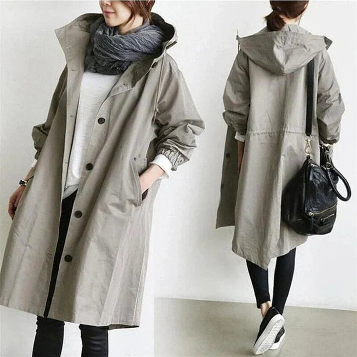 Lang trenchcoat med hætte til kvinder, vandtæt, oversized pasform