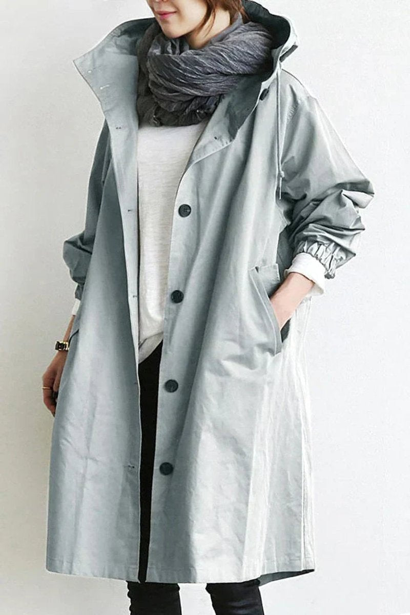 Lang trenchcoat med hætte til kvinder, vandtæt, oversized pasform