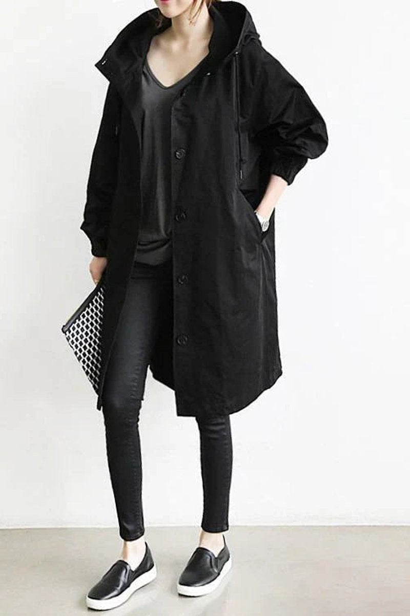 Lang trenchcoat med hætte til kvinder, vandtæt, oversized pasform