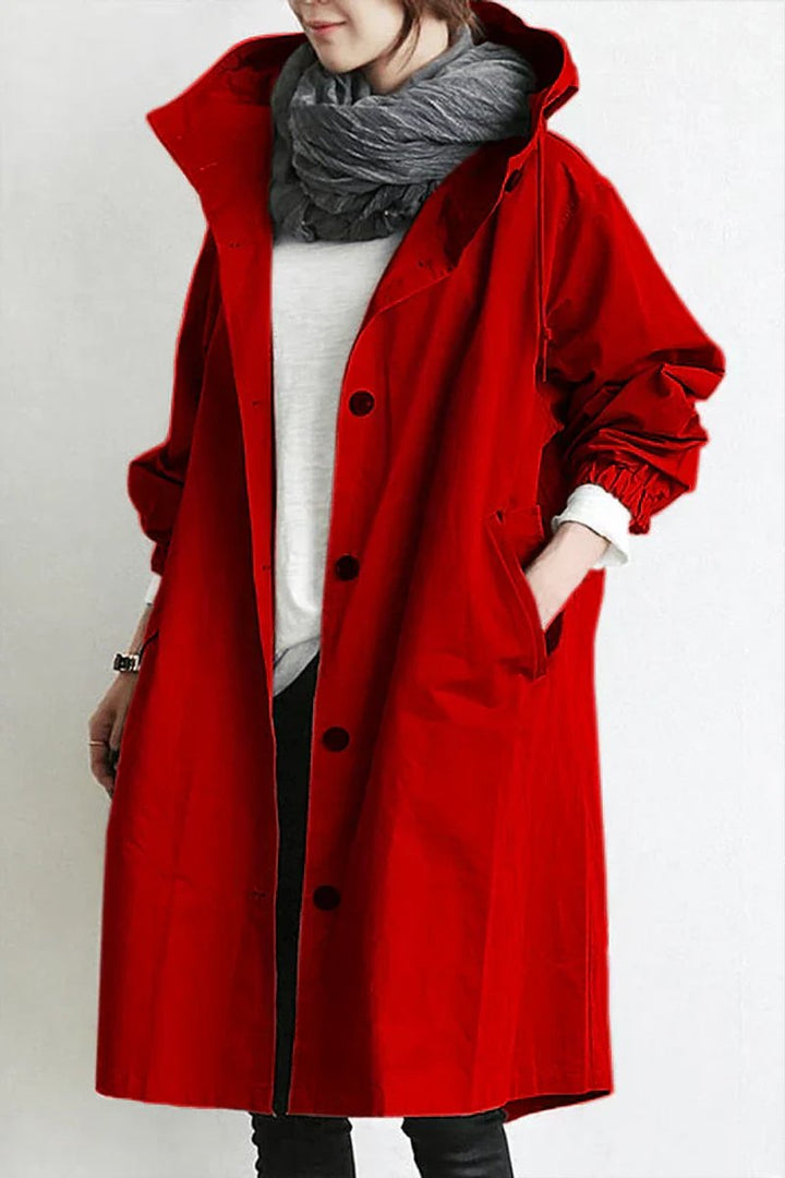 Lang trenchcoat med hætte til kvinder, vandtæt, oversized pasform